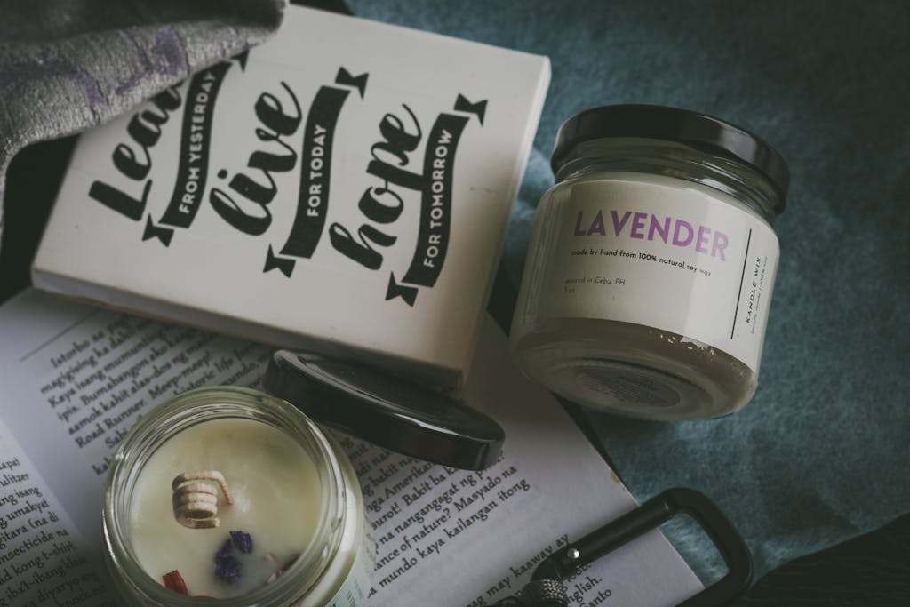 Cozy setup with lavender candles and inspirational quotes creates a calming atmosphere.
