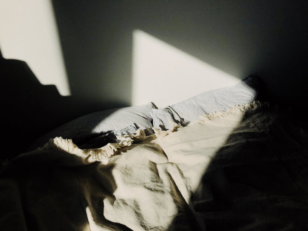 A cozy bedroom scene with warm sunlight filtering through, highlighting the soft textures of a bed and blanket.